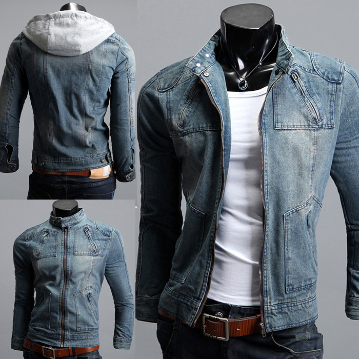 Freie Verschiffen-Men-S-Hoodie-Jeans-Jacket-Coat-Coat-Coating-Mantel-Denim-Jacket-Mantel