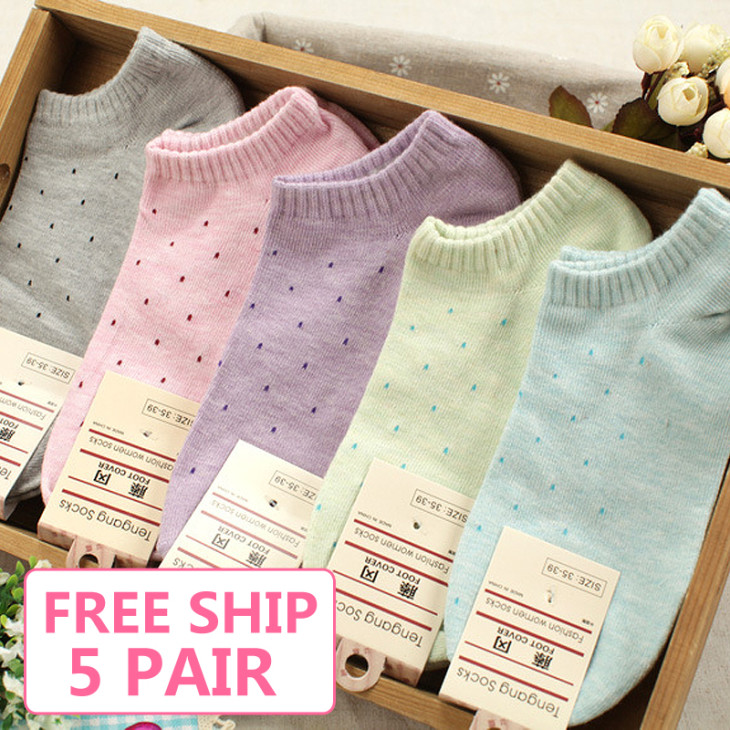 Hot-sale-1lot-10pcs-5pair-cotton-socks-cute-polka-dot-women-socks-soft-candy-invisible-short