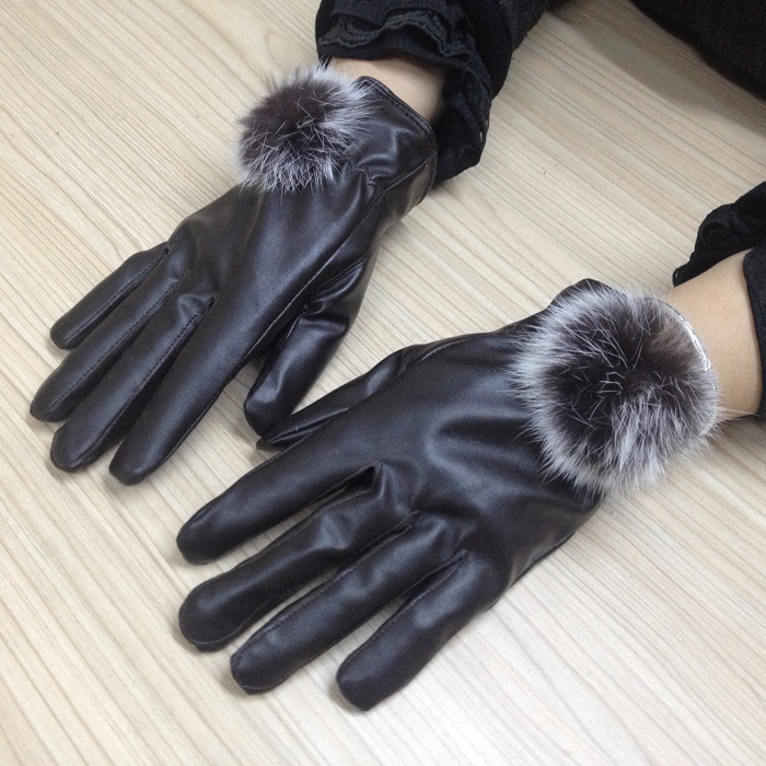 Autumn-And-Winter-Full-PU-Women-s-Thermal-Gloves-Rabbit-Fur-Gloves-Fur-Finger-Plus-Velvet